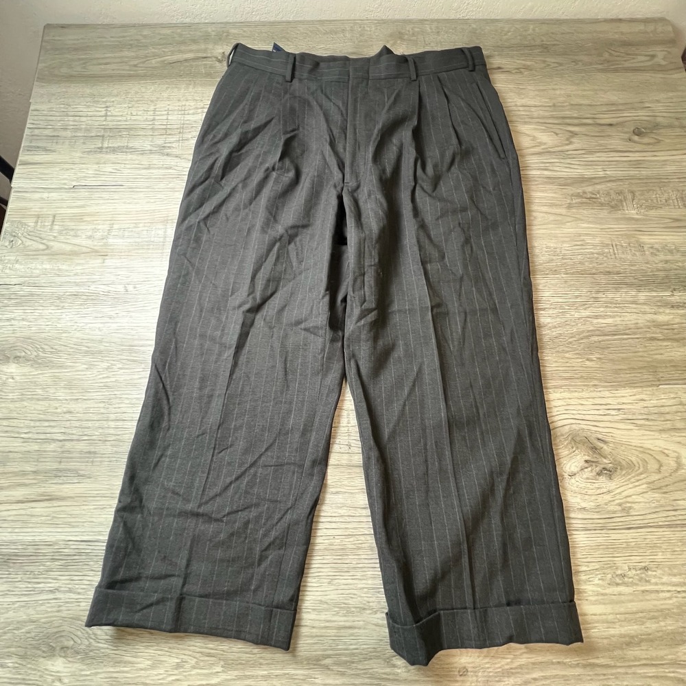Brooks Brothers Trousers Mens 36x25 Gray Pinstripe Wool Pleated Cuffed Brookseas